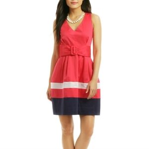Kate Spade Pink Navy Colorblock Midi Dress Belted V Neck Feminine Size 4